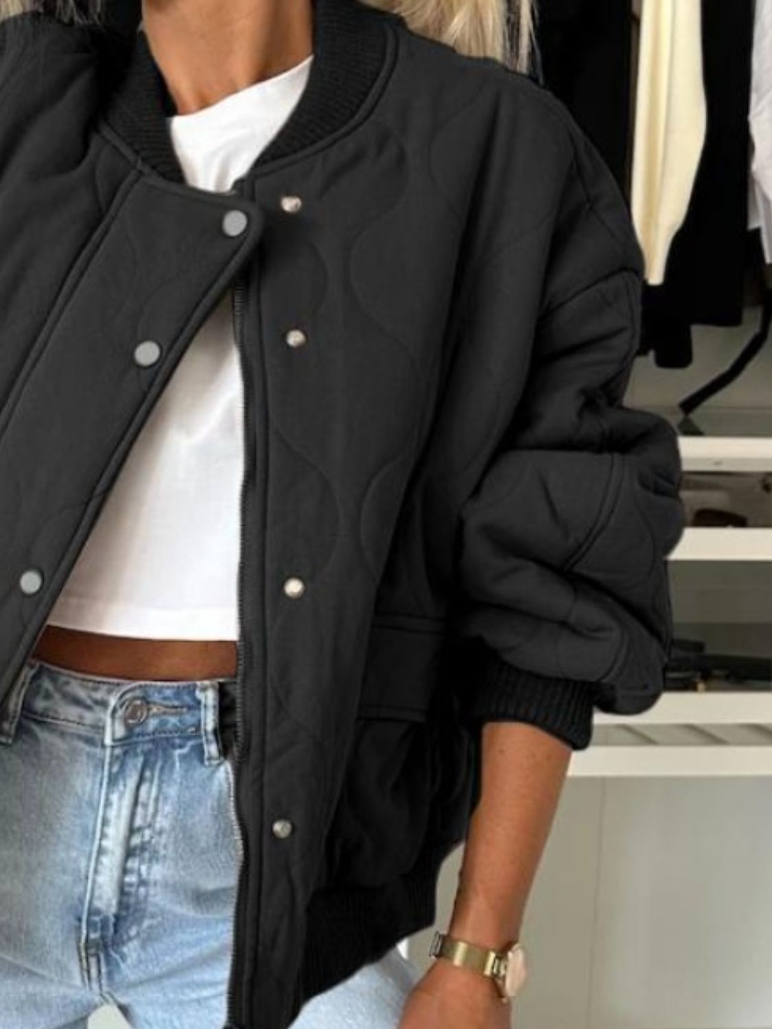 Baseball Collar Snap Down Long Sleeve Jacket-Angel Casuals