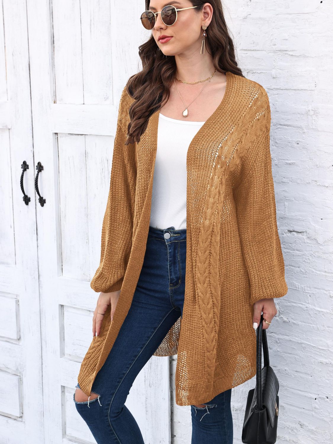 Cable-Knit Open Front Long Sleeve Cardigan-Angel Casuals