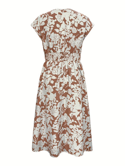 Printed V-Neck Cap Sleeve Midi Dress-Angel Casuals