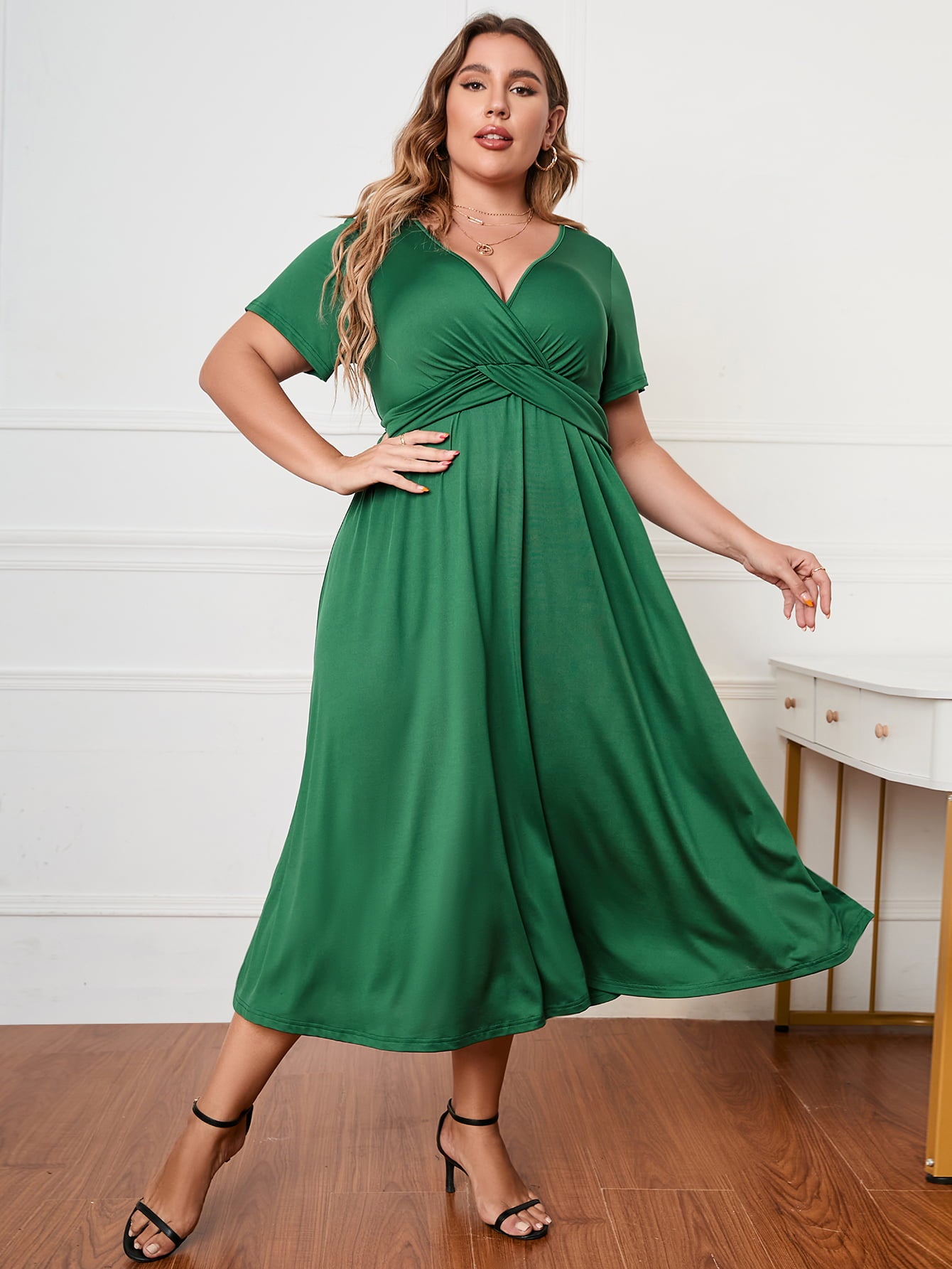 Plus Size Short Sleeve Surplice Neck Midi Dress-Angel Casuals