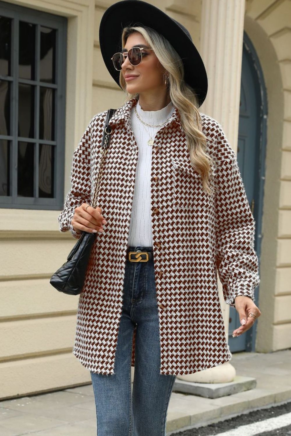 Houndstooth Button Up Dropped Shoulder Coat-Angel Casuals