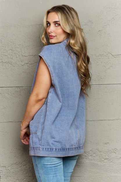 Collared Neck Sleeveless Denim Top with Pockets-Angel Casuals