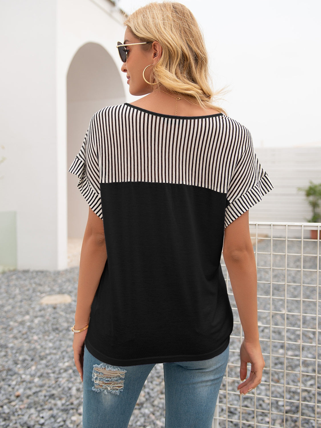 Striped V-Neck Short Sleeve T-Shirt-Angel Casuals