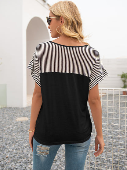 Striped V-Neck Short Sleeve T-Shirt-Angel Casuals