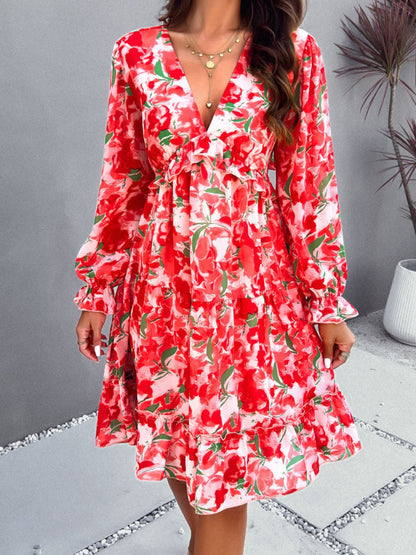 Backless Printed V-Neck Flounce Sleeve Dress-Angel Casuals