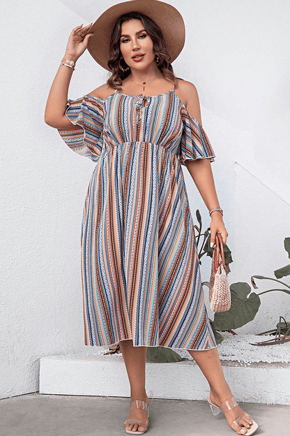 Plus Size Striped Cold-Shoulder Dress-Angel Casuals