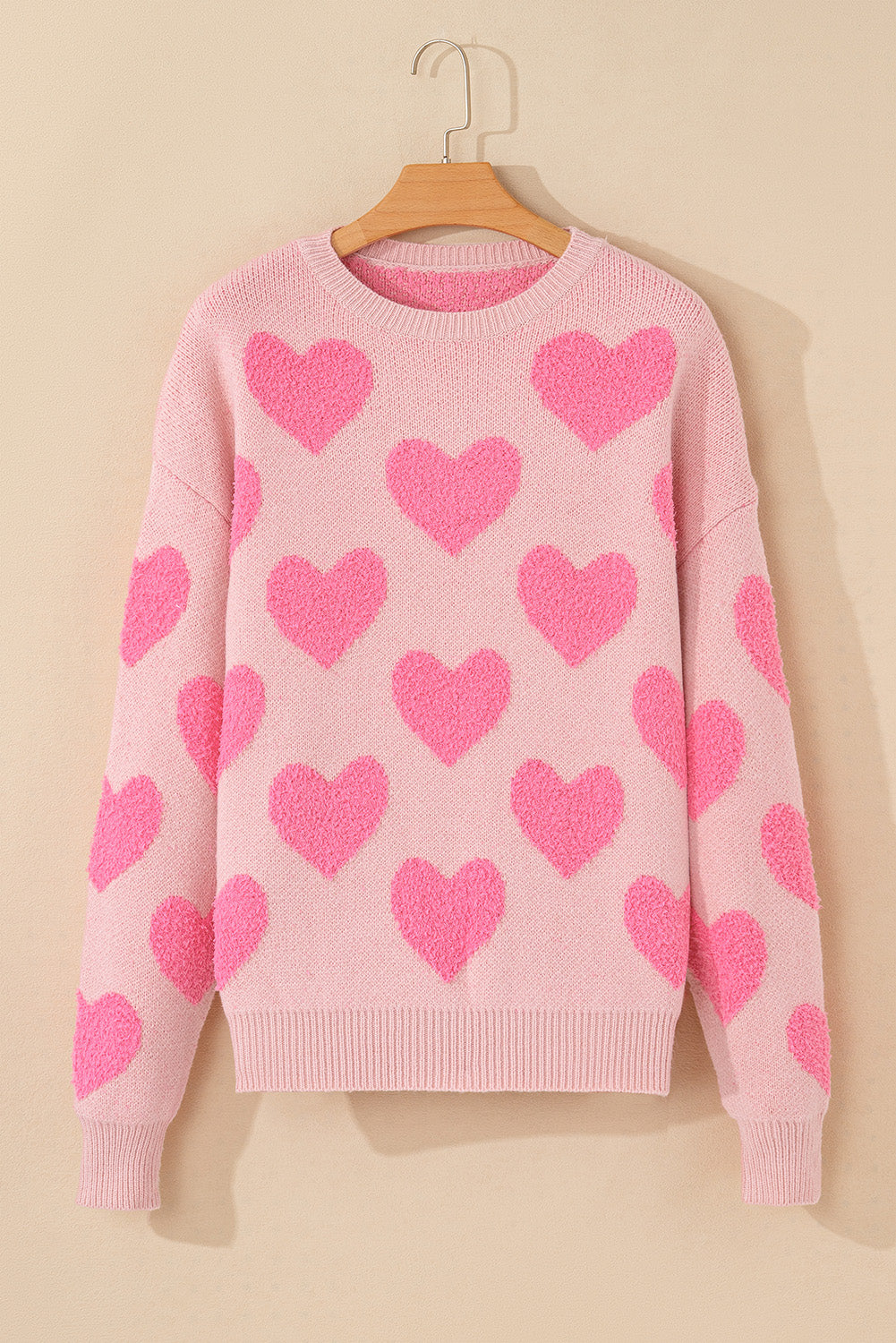 Valentine's Day Heart Jacquard Round Neck Sweater-Angel Casuals