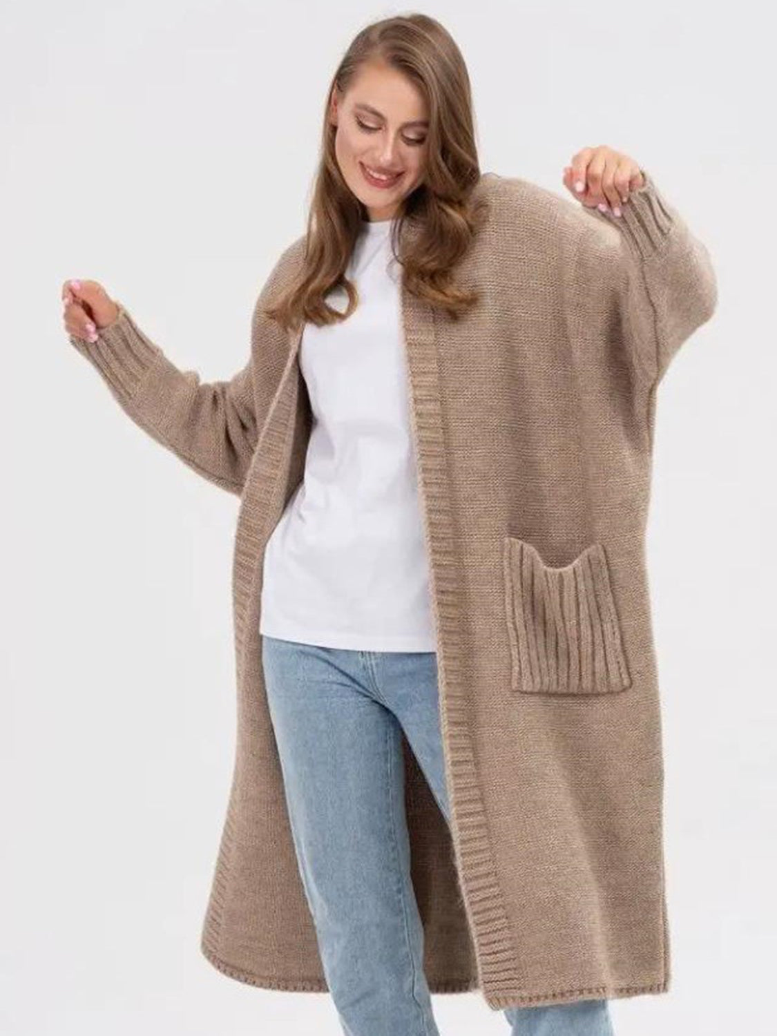 Pocketed Open Front Long Sleeve Longline Cardigan-Angel Casuals