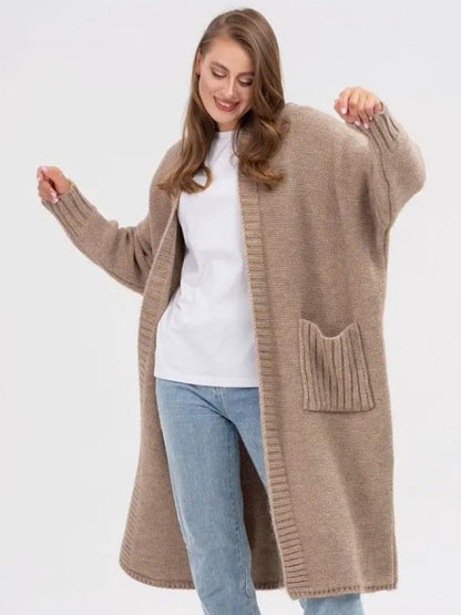 Pocketed Open Front Long Sleeve Longline Cardigan-Angel Casuals