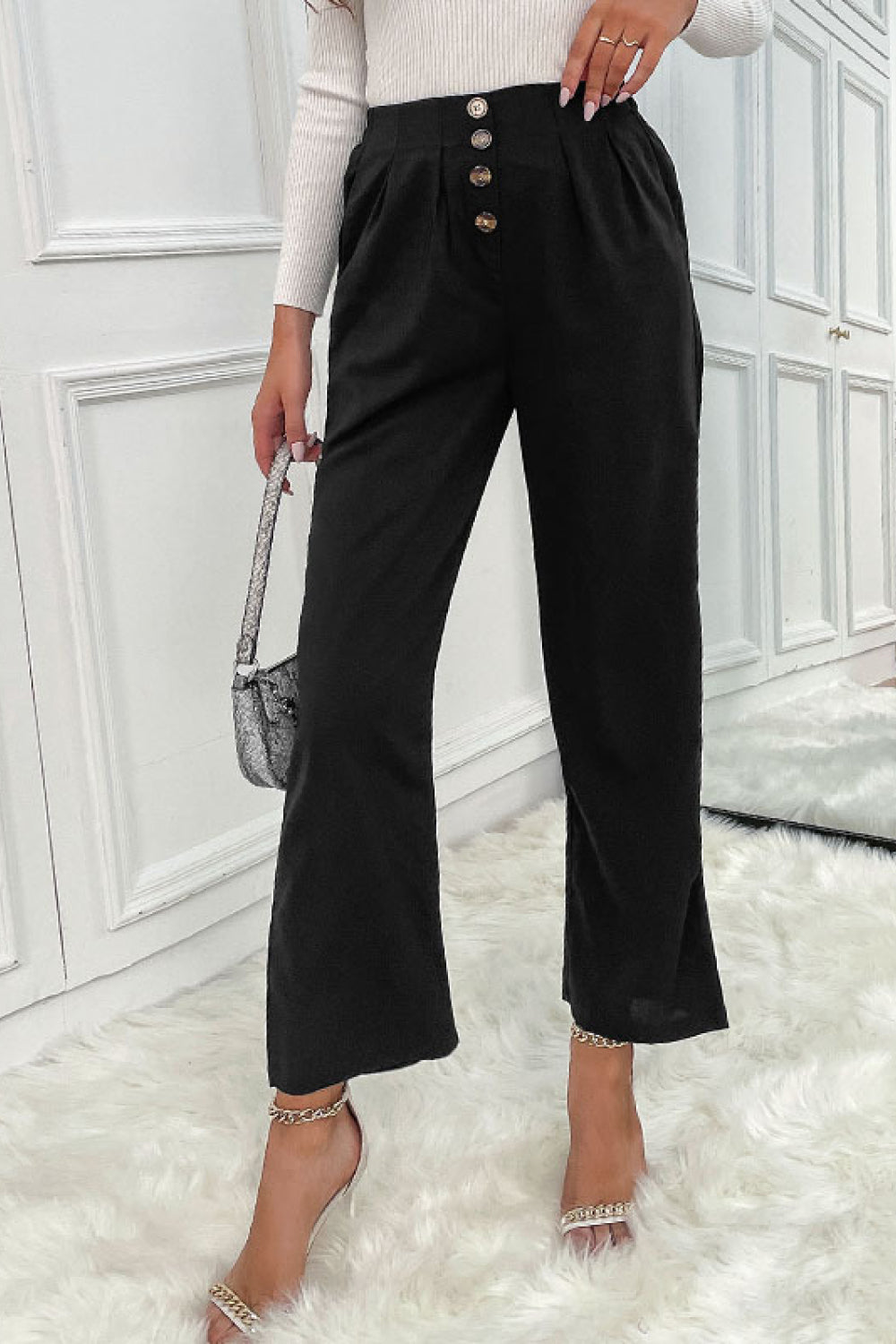 Button Fly Wide Leg Pants-Angel Casuals