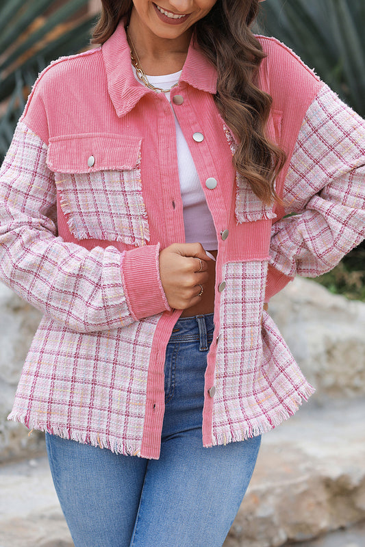 Plaid Button Up Long Sleeve Jacket-Angel Casuals