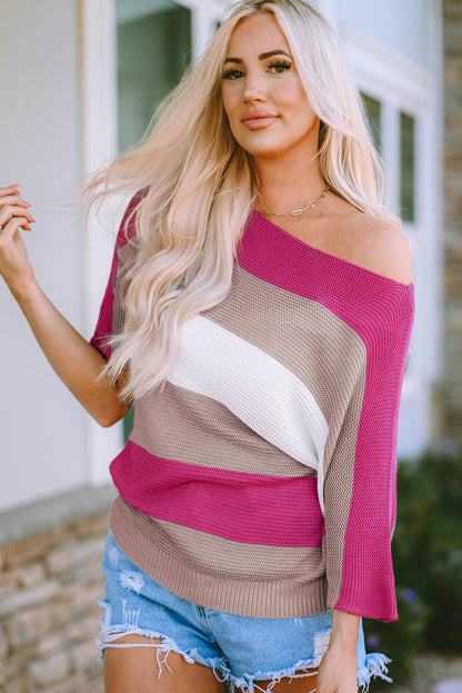 Color Block Boat Neck Half Sleeve Knit Top-Angel Casuals