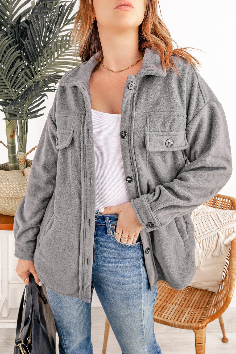 Button Up Collared Neck Long Sleeve Jacket-Angel Casuals