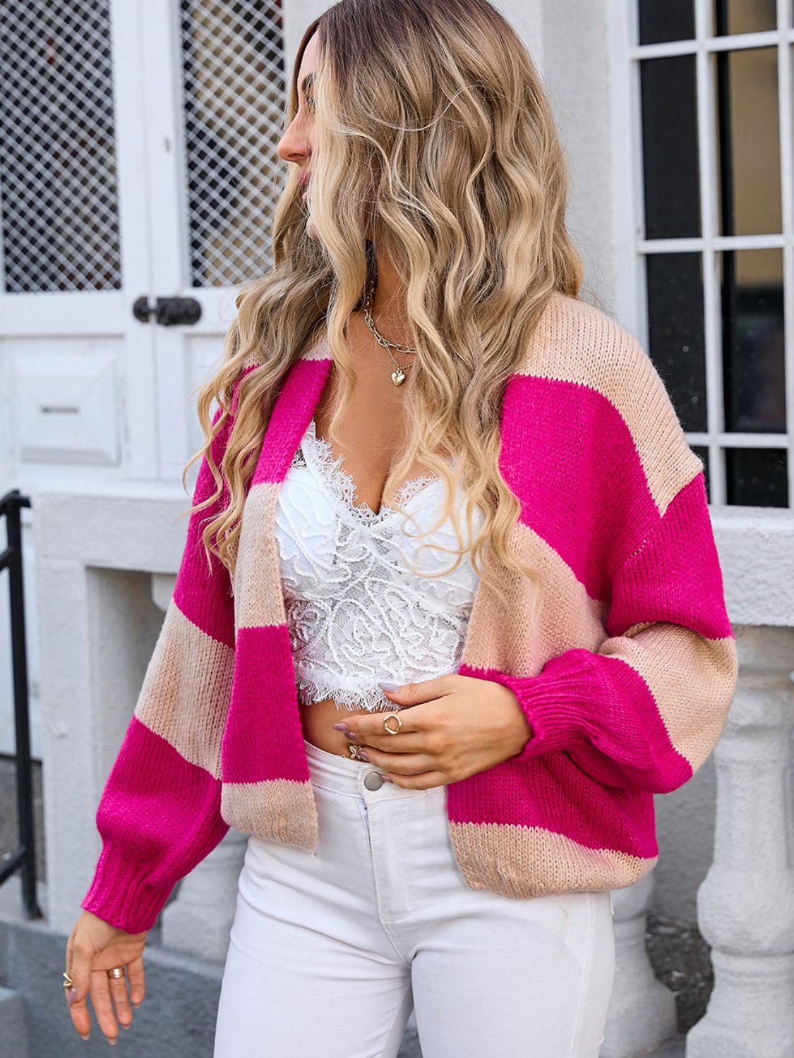 Angel Wings Striped Open Front Dropped Shoulder Cardigan-Angel Casuals