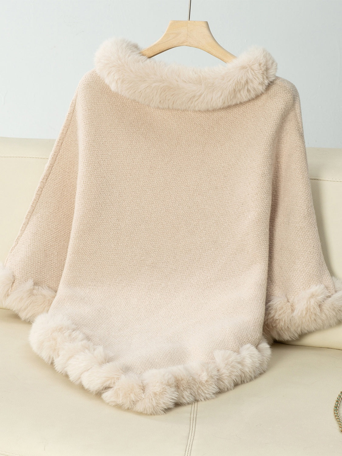 Fuzzy Trim Texture Three-Quarter Sleeve Poncho-Angel Casuals