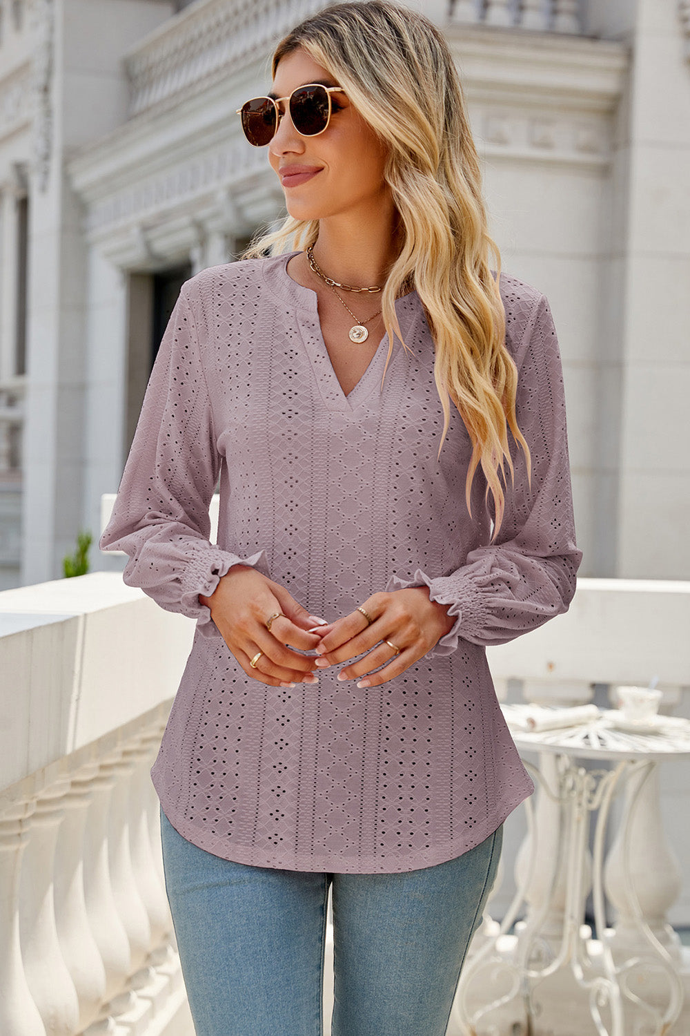 Eyelet Notched Lantern Sleeve T-Shirt-Angel Casuals