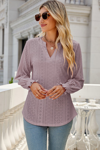 Eyelet Notched Lantern Sleeve T-Shirt-Angel Casuals