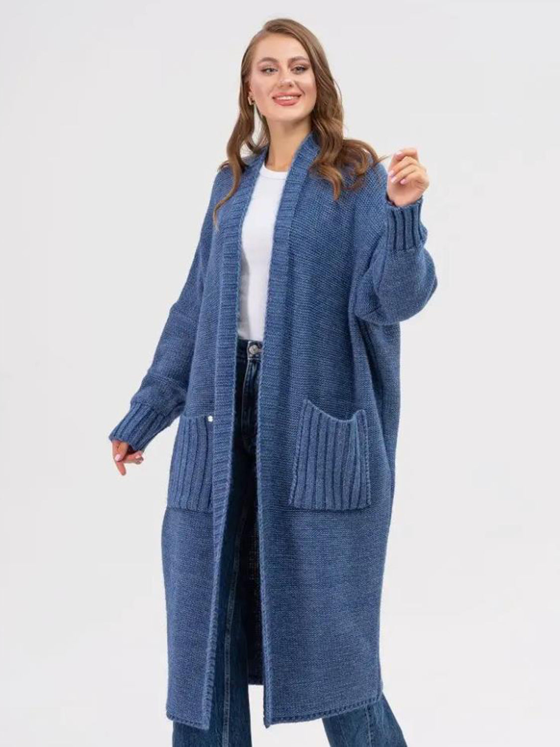 Pocketed Open Front Long Sleeve Longline Cardigan-Angel Casuals