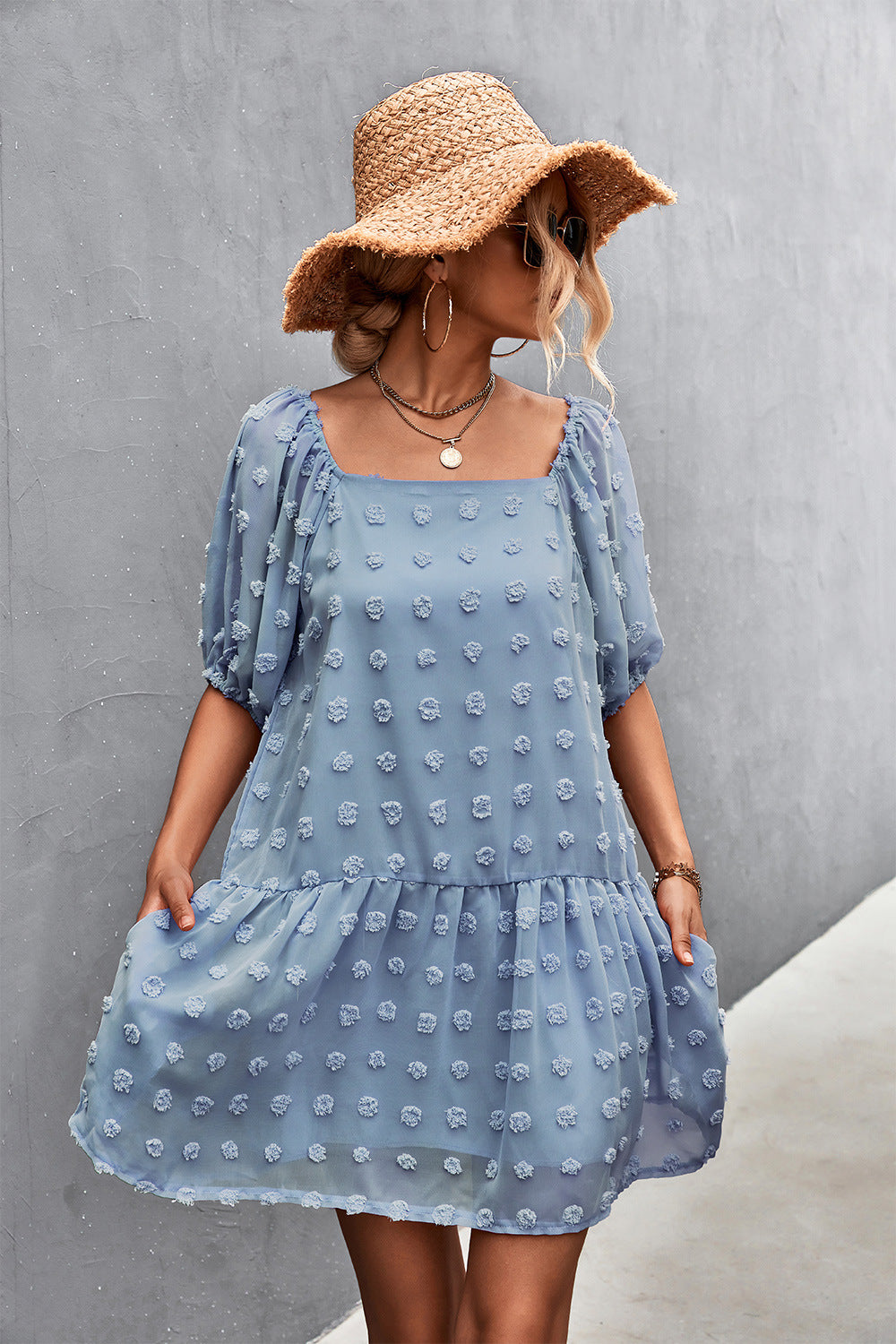 Swiss Dot Square Neck Half Balloon Sleeve Dress-Angel Casuals