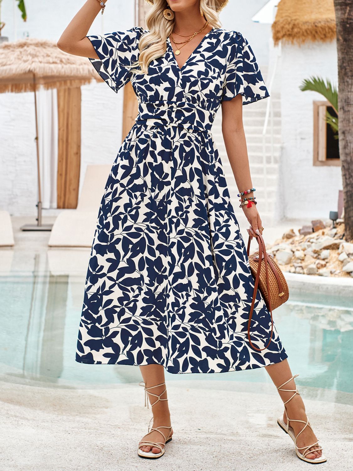 Printed Surplice Short Sleeve Midi Dress-Angel Casuals