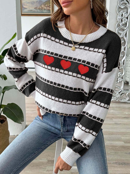 Heart Round Neck Long Sleeve Sweater-Angel Casuals