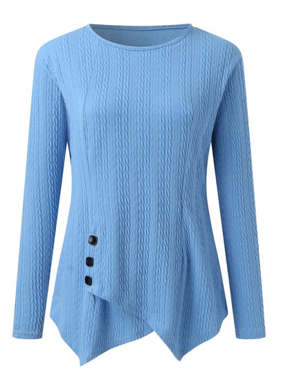 Decorative Button Round Neck Long Sleeve Top-Angel Casuals