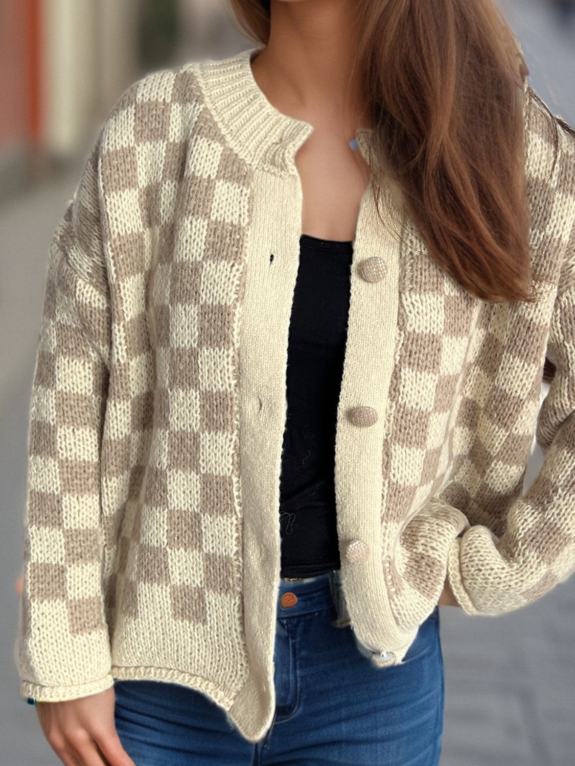 Checkered Button Up Round Neck Cardigan-Angel Casuals
