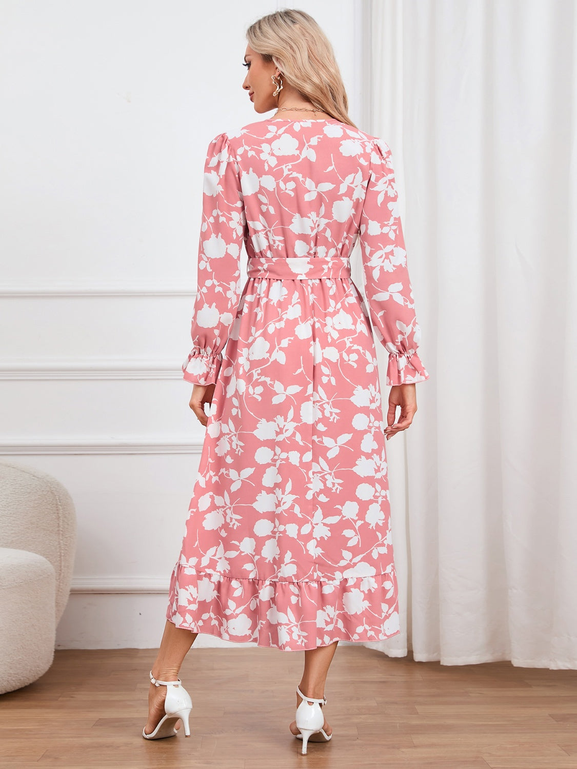 Floral Surplice Flounce Sleeve Ruffle Hem Dress-Angel Casuals