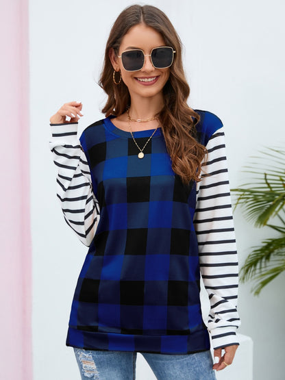 Plaid Striped Round Neck Long Sleeve T-Shirt-Angel Casuals