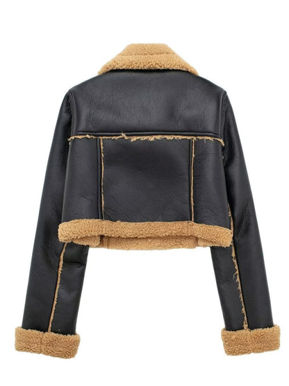 Collared Neck Long Sleeve Plush Cropped Jacket-Angel Casuals