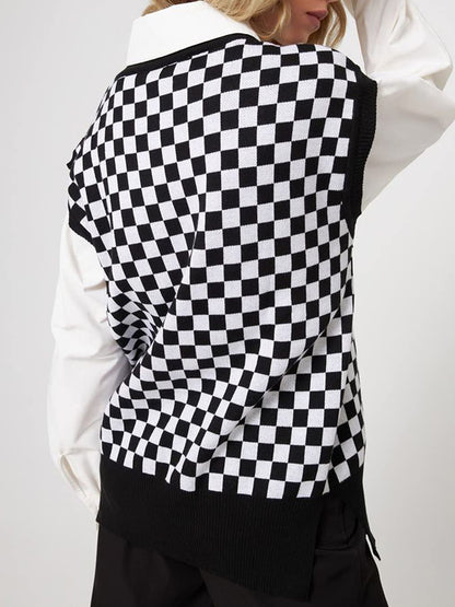 Full Size Checkered V-Neck Cap Sleeve Sweater-Angel Casuals