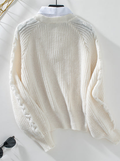 Cable-Knit Collared Neck Faux Layered Sweater-Angel Casuals