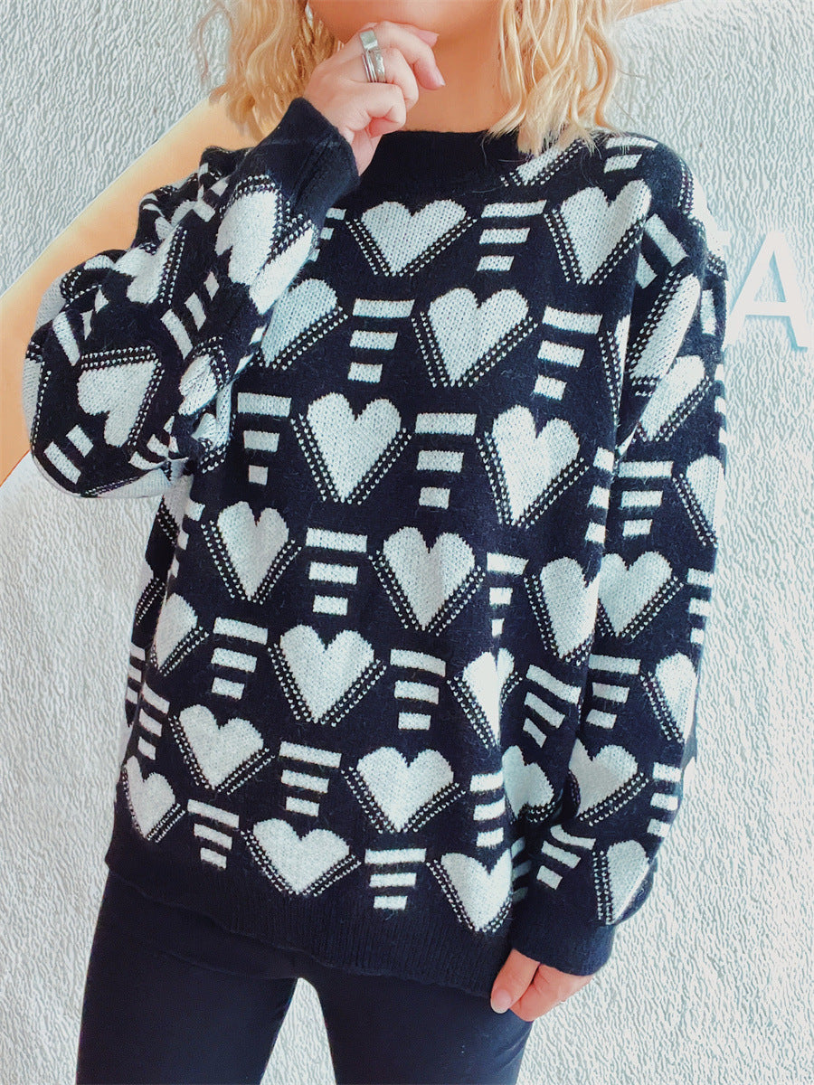 Heart Contrast Long Sleeve Dropped Shoulder Sweater-Angel Casuals