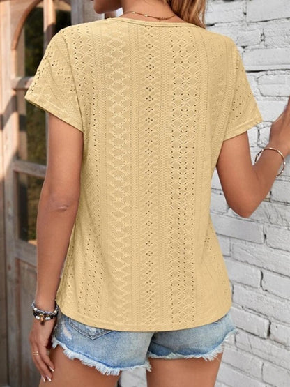 Eyelet V-Neck Short Sleeve T-Shirt-Angel Casuals