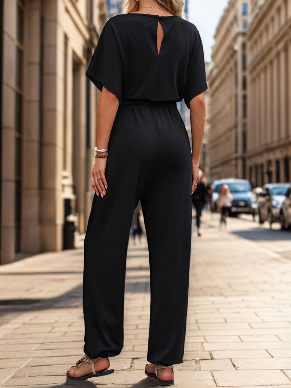 Notched Half Sleeve Straight Jumpsuit-Angel Casuals