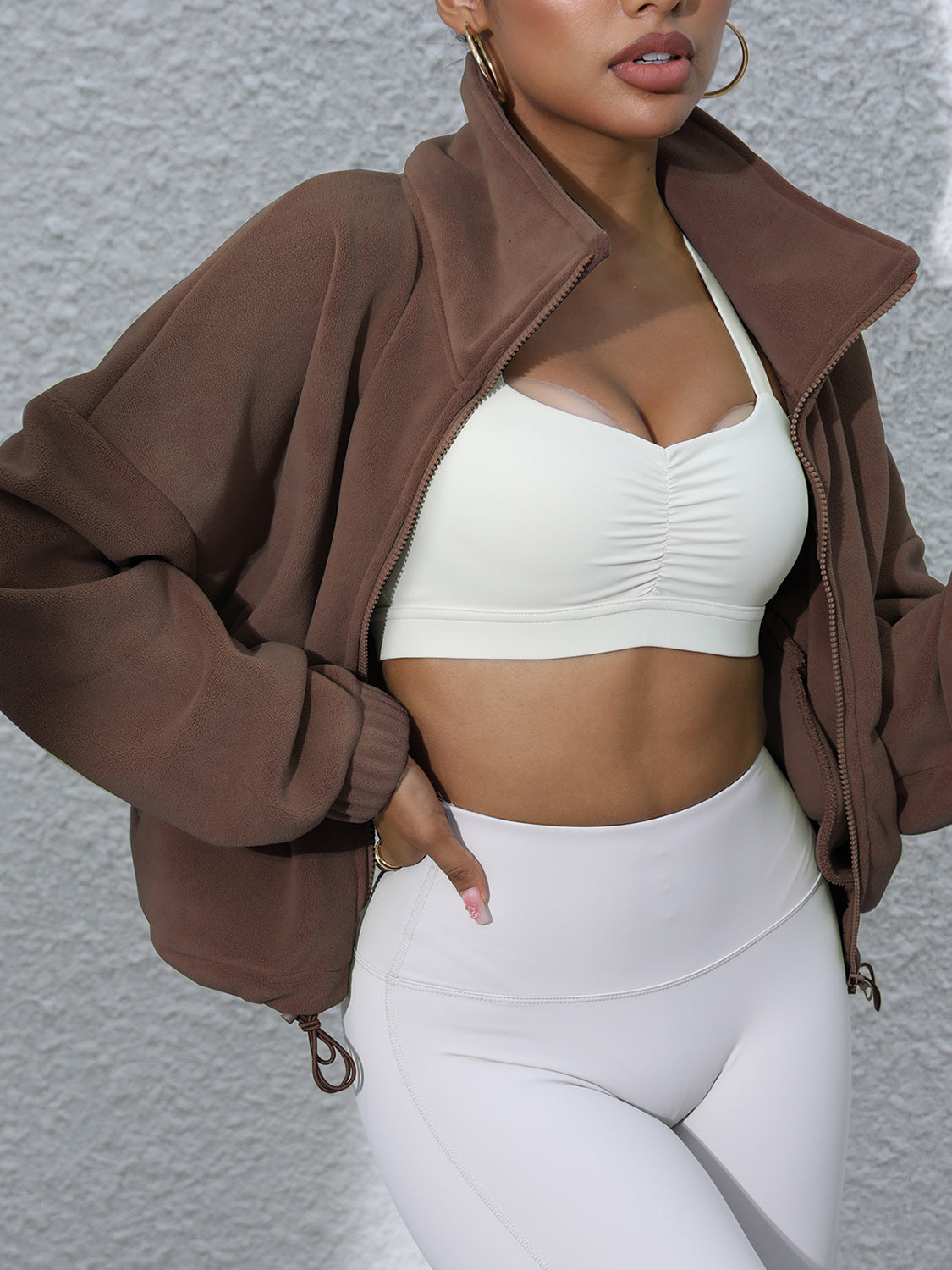 Drawstring Turtleneck Zip Up Long Sleeve Jacket-Angel Casuals
