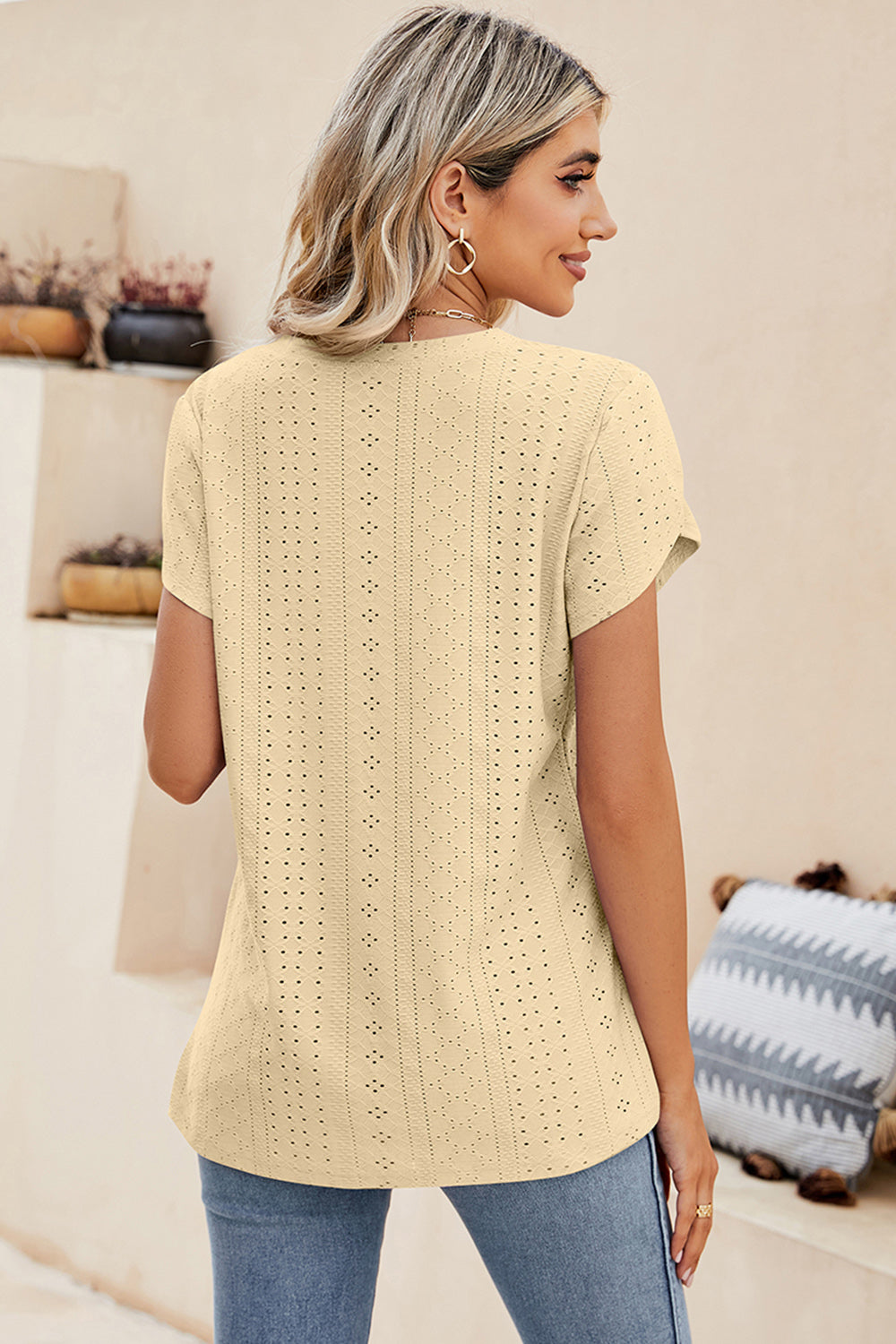Eyelet V-Neck Petal Sleeve T-Shirt-Angel Casuals