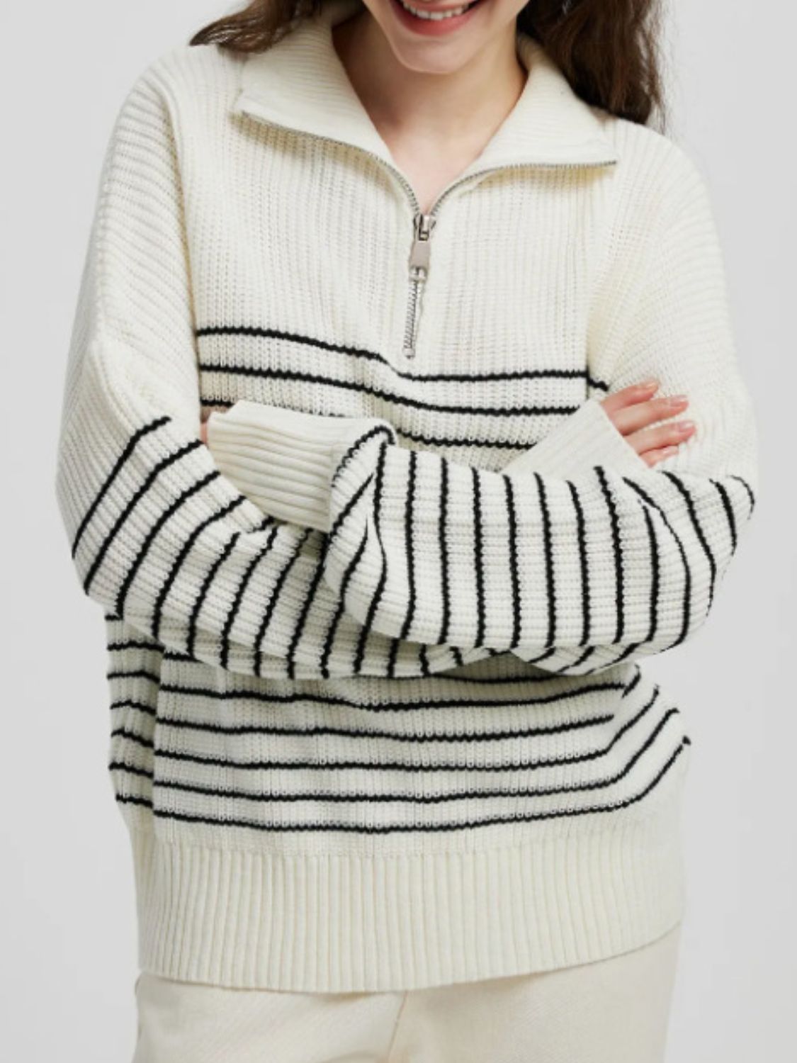 Striped Half Zip Long Sleeve Sweater-Angel Casuals