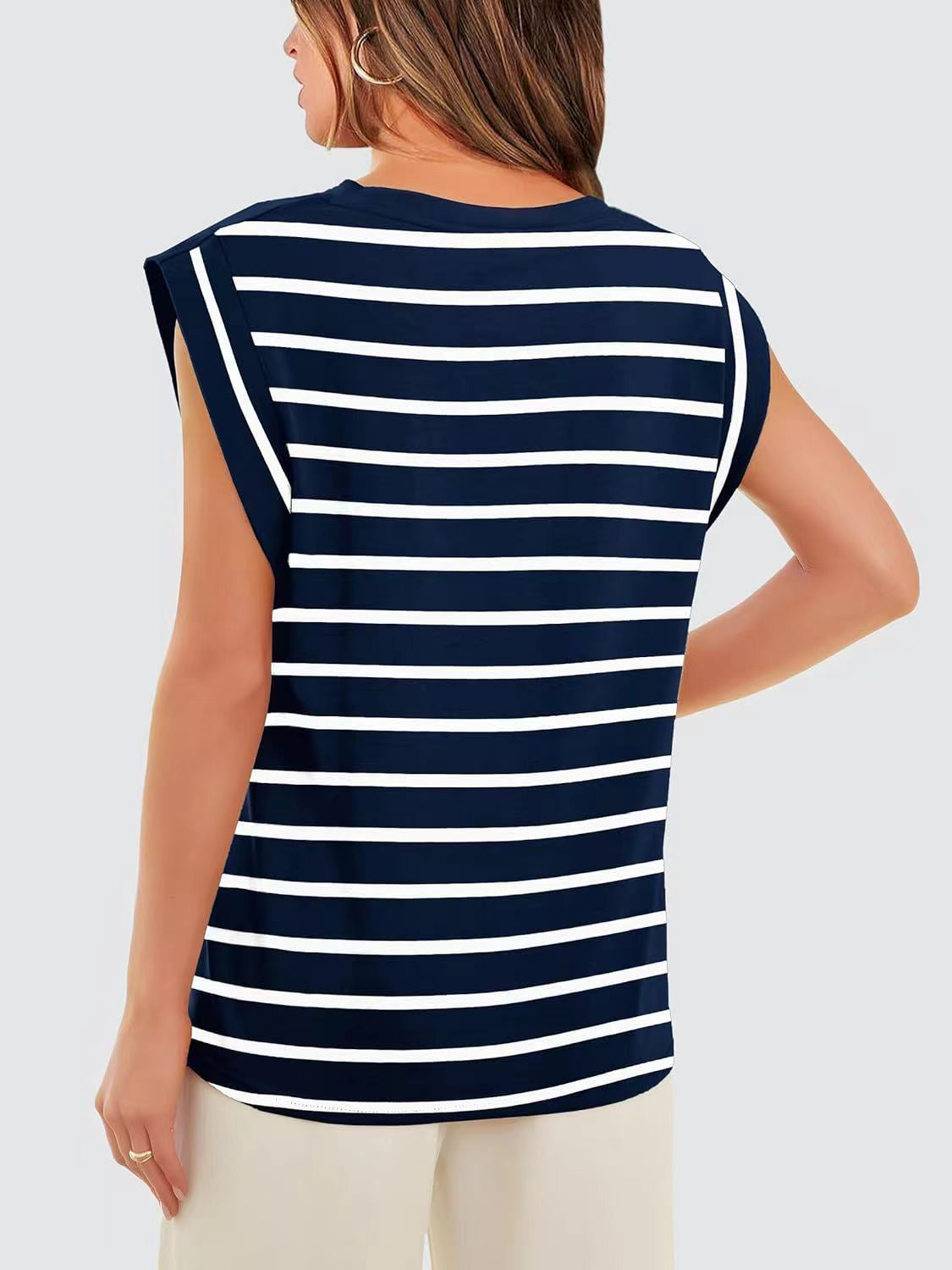 Striped Round Neck Cap Sleeve T-Shirt-Angel Casuals