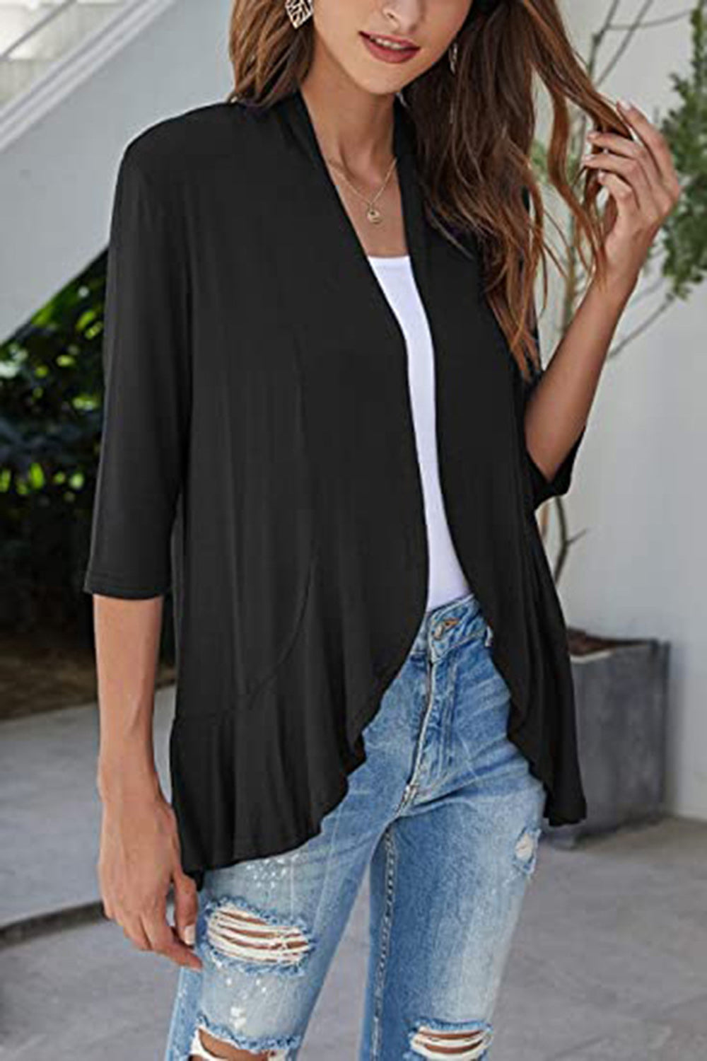 Open Front Three-Quarter Sleeve Cardigan-Angel Casuals