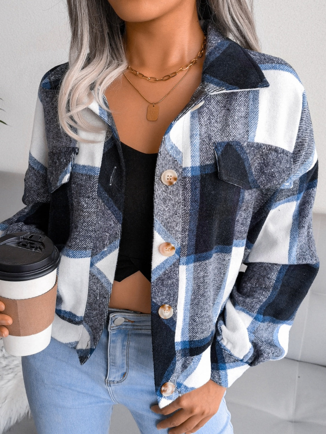 Plaid Collared Neck Long Sleeve Jacket-Angel Casuals