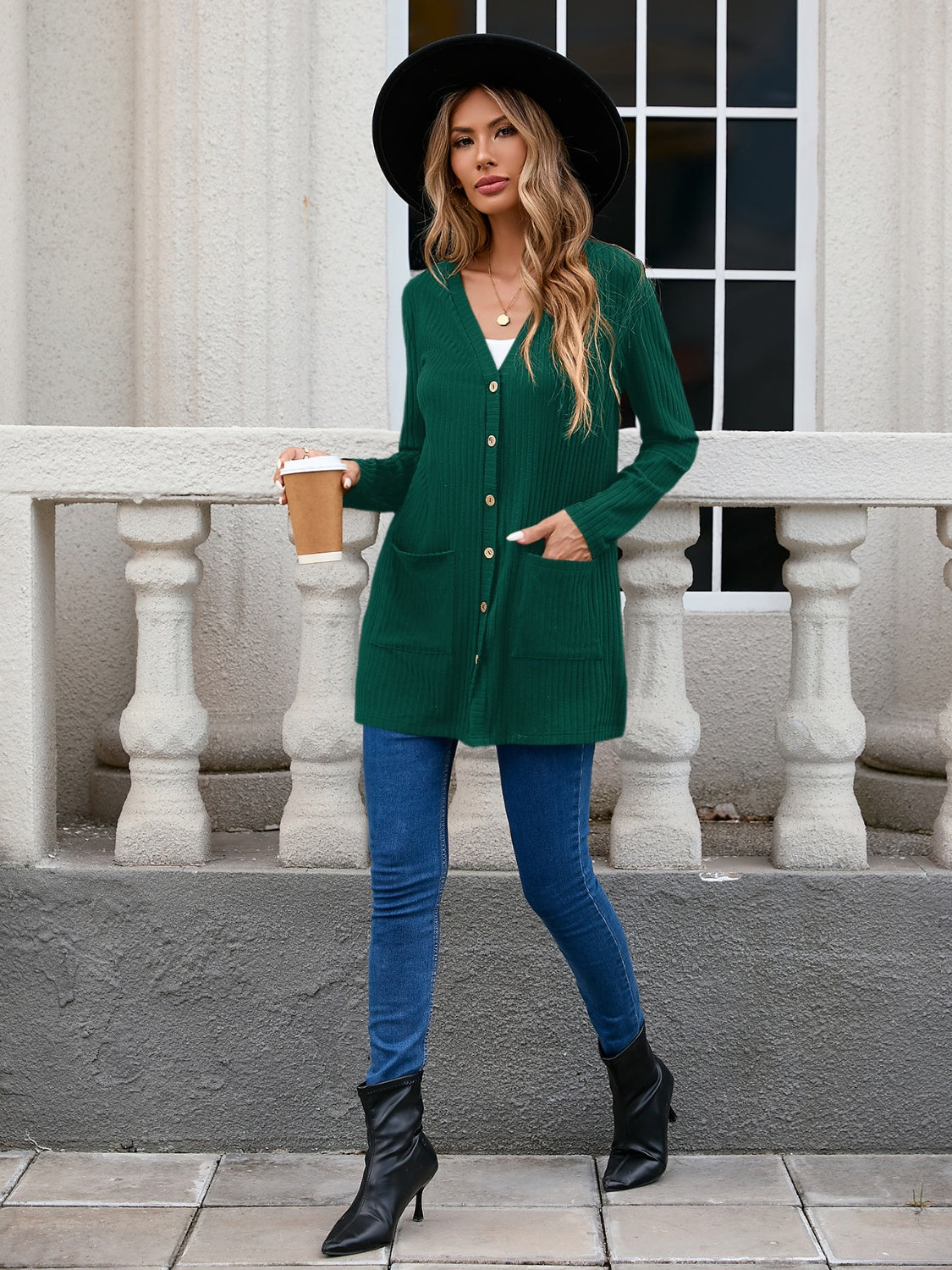 Ribbed Button Down V-Neck Long Sleeve Cardigan-Angel Casuals