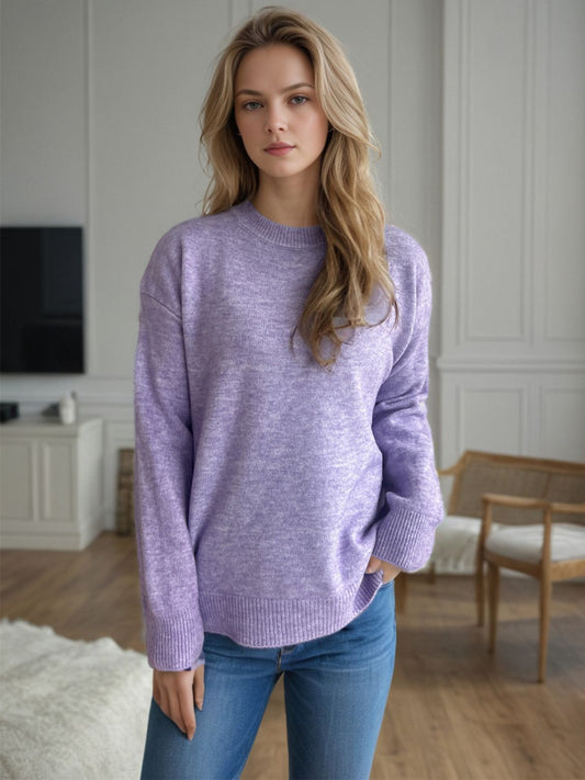 Round Neck Drop Shoulder Long Sleeve Sweater-Angel Casuals