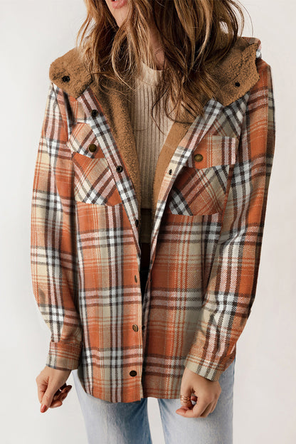 Plaid Snap Down Hooded Jacket-Angel Casuals