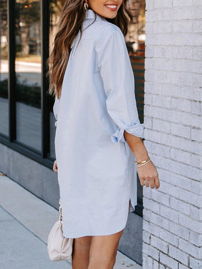 Button Up Collared Neck Long Sleeve Shirt Dress-Angel Casuals