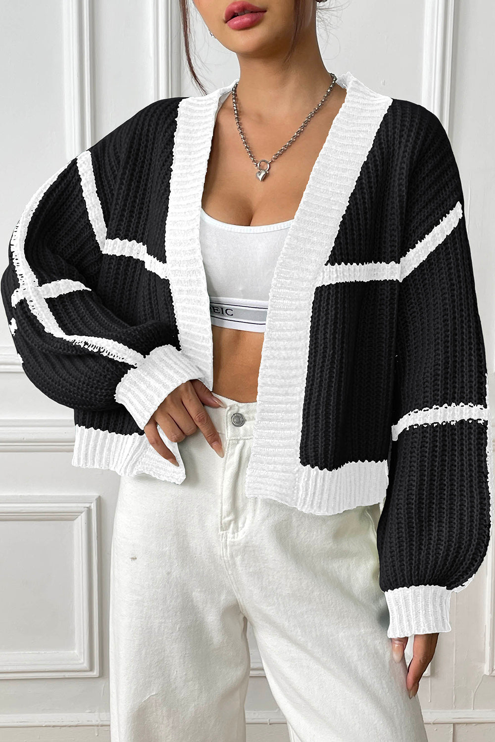 Contrast Open Front Long Sleeve Cardigan-Angel Casuals