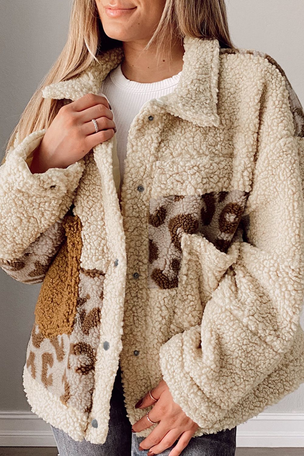 Pocketed Leopard Collared Neck Sherpa Jacket-Angel Casuals