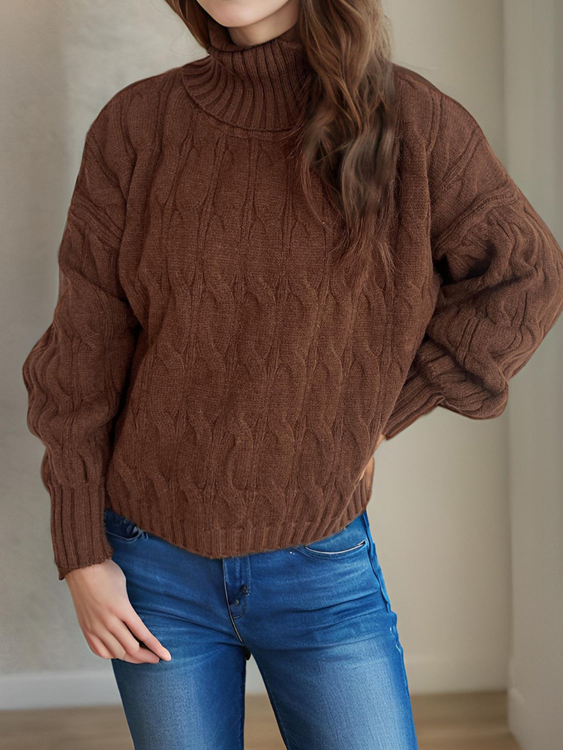 Cable-Knit Turtleneck Long Sleeve Sweater-Angel Casuals