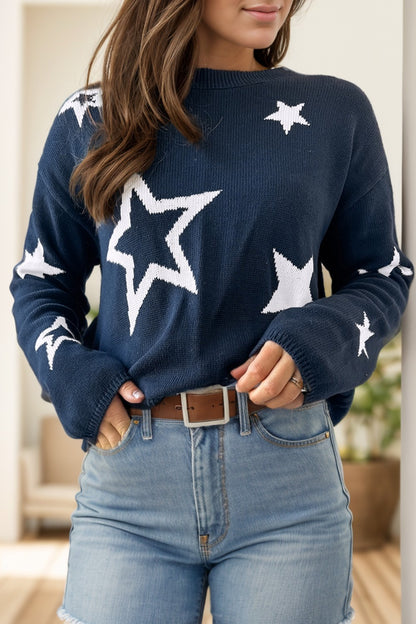 Star Round Neck Long Sleeve Sweater-Angel Casuals