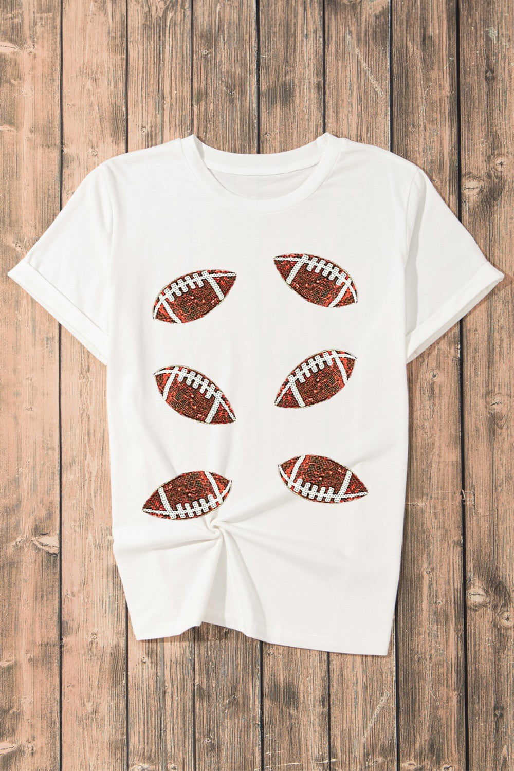 Sequin Football Round Neck Short Sleeve T-Shirt-Angel Casuals